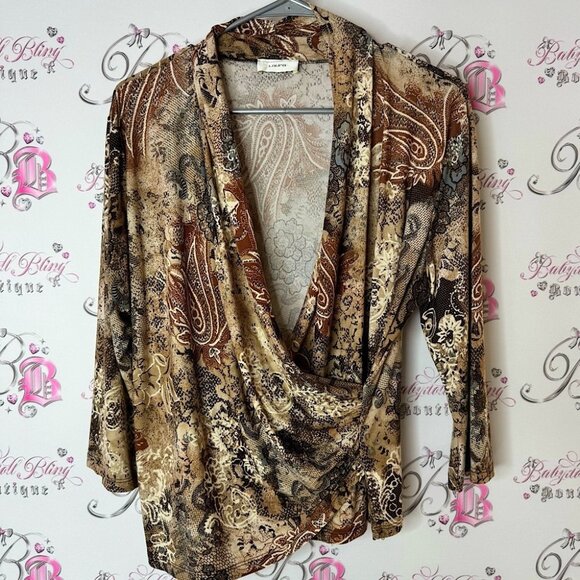 laura Tops - Laura long sleeve scoop neck paisley boho Elegant Brown Patterned Women's Top